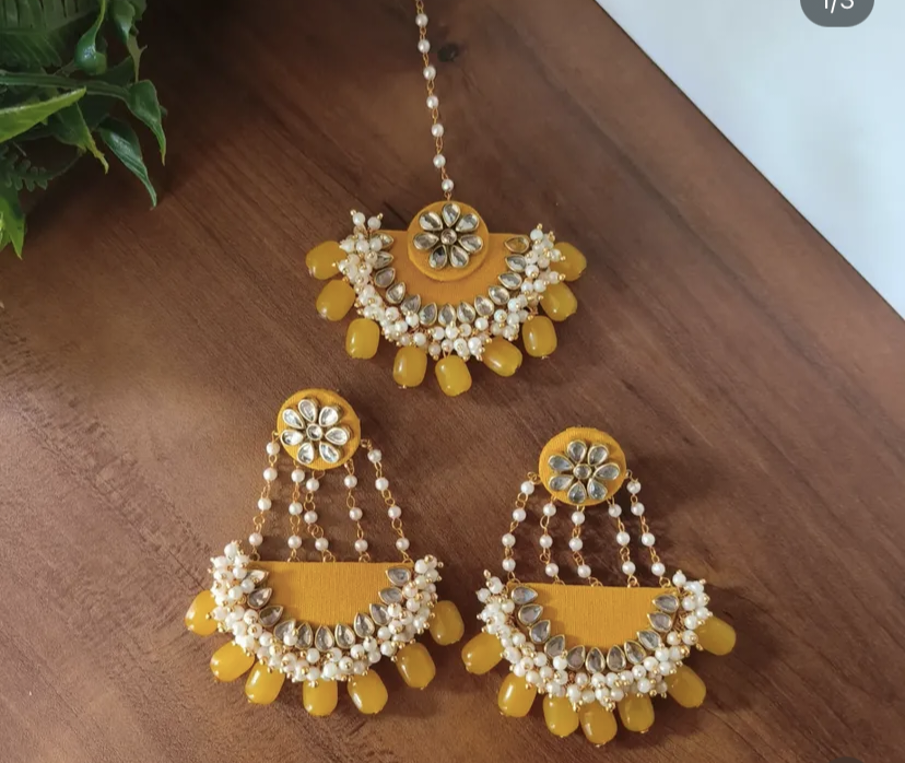 Mustard beads Earrings With Tikka