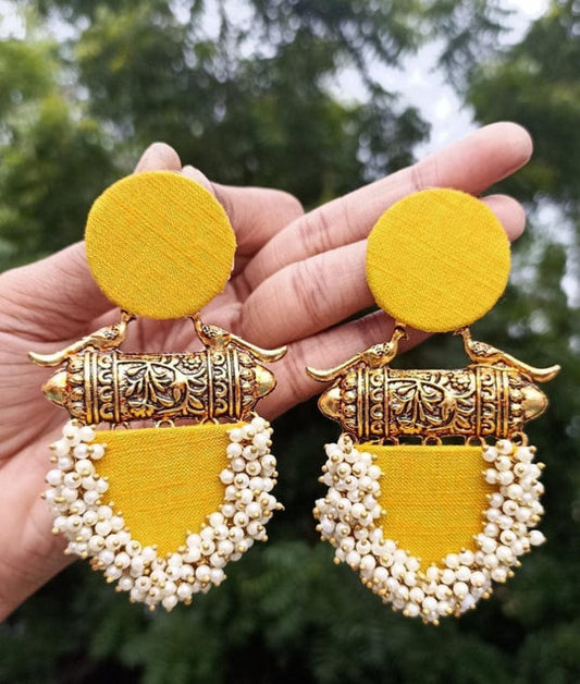 Ethnic Yellow Kundan Handmade Fabric Earring
