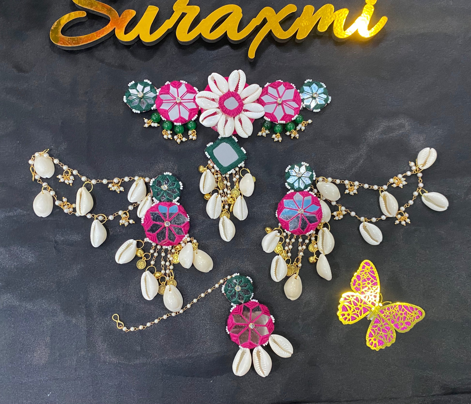 Green pink Mirror Thread jewellery