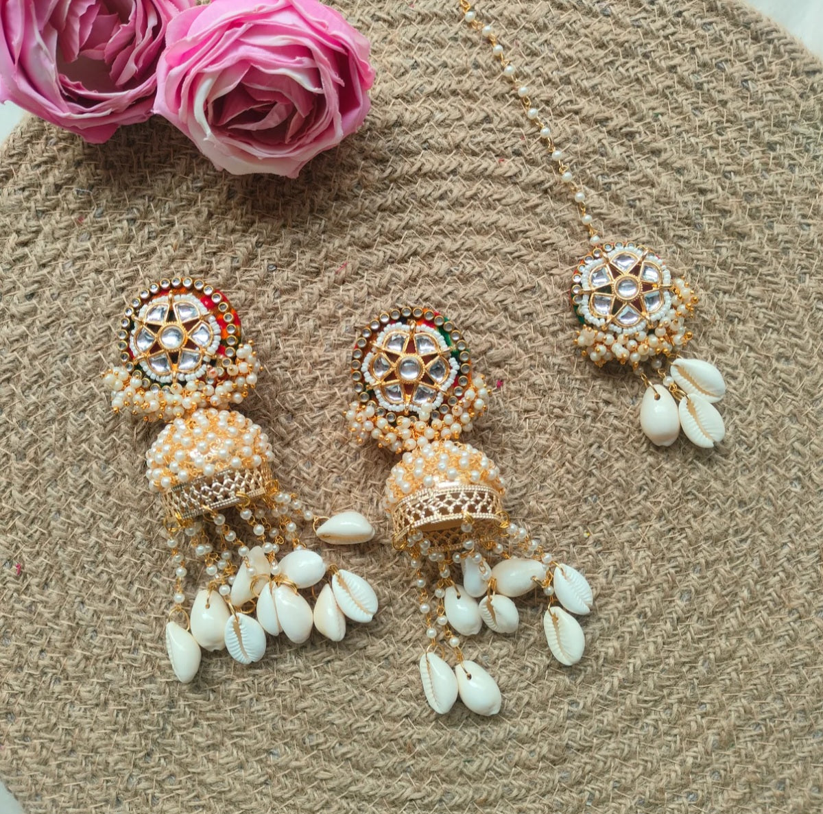 Kundan shell Earrings with Tikka