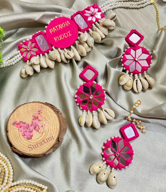 Kodi Pink Mirror Thread Work  Handmade Jewellery Set
