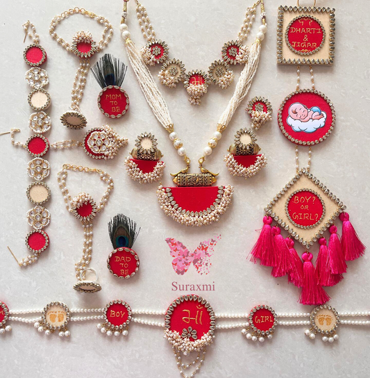 Red Cream Handmade Fabric Jewellery Necklace Baby Shower Set