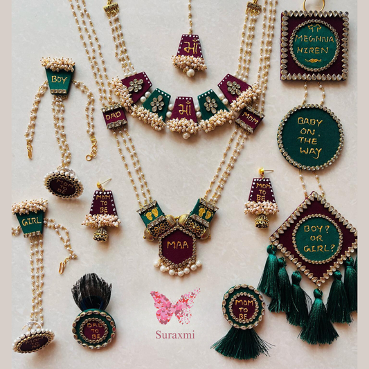 Dark Green Maroon Kundan Pearl Handmade Fabric Jewellery Necklace Baby Shower Set
